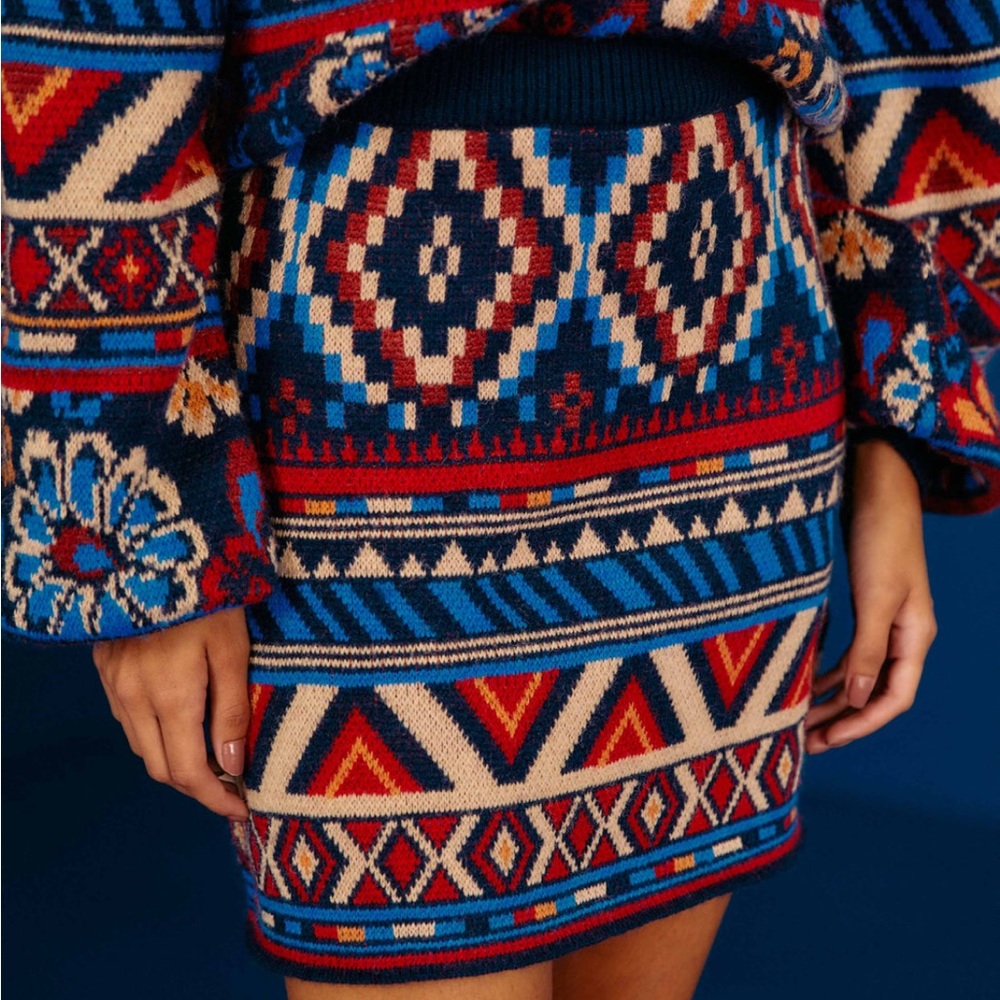Farm Rio Blue Ainika Tapestry Sweater Skirt NWOT